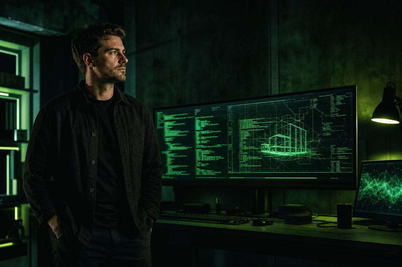 Arquitecto de software junto a pantallas de IA en un estudio oscuro