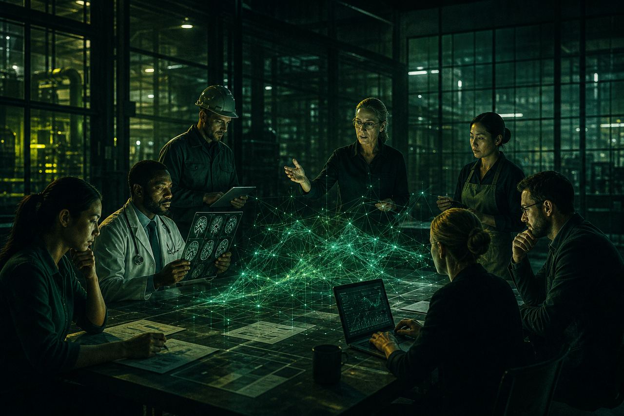 Profesionales de distintos sectores alrededor de una mesa con un mapa de IA
